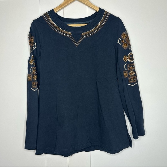 Soft Surroundings Tops - Soft Surroundings Beaded Sweatshirt Top Medium Tunic Navy Blue 100% Cotton tan